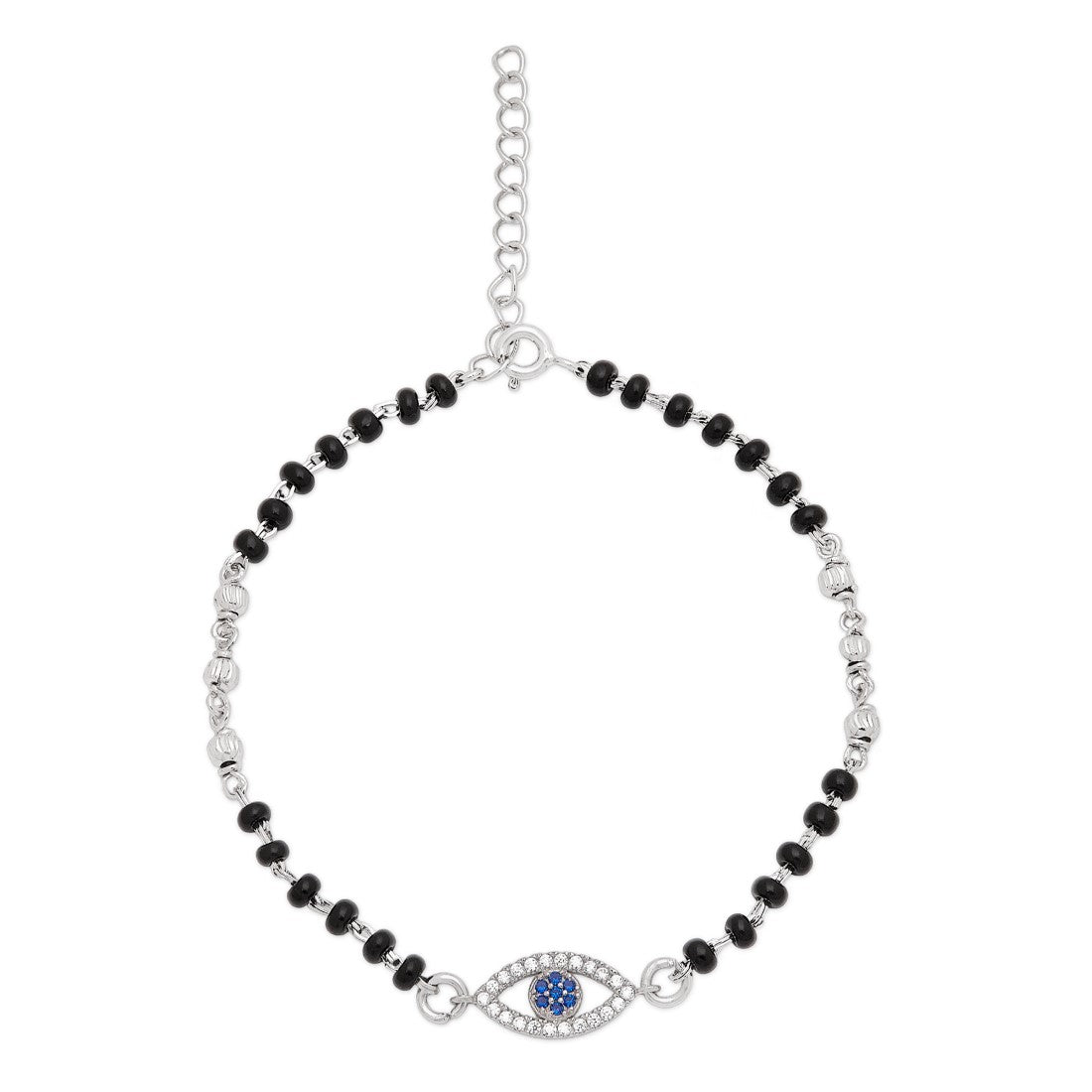 Evil Eye CZ & Black Beads Rhodium Plated 925 Sterling Silver Bracelet