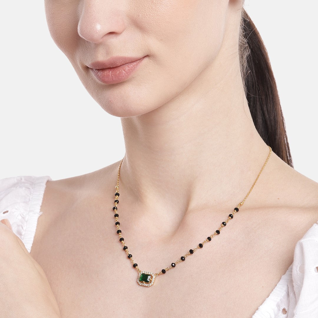 Divine Charm 925 Sterling Silver Mangalsutra with Green CZ and Beads in Gold Plating