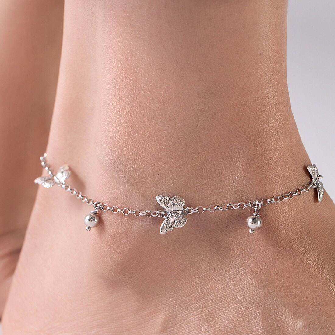 Triple Butterfly Rhodium Plated 925 Sterling Silver Anklet
