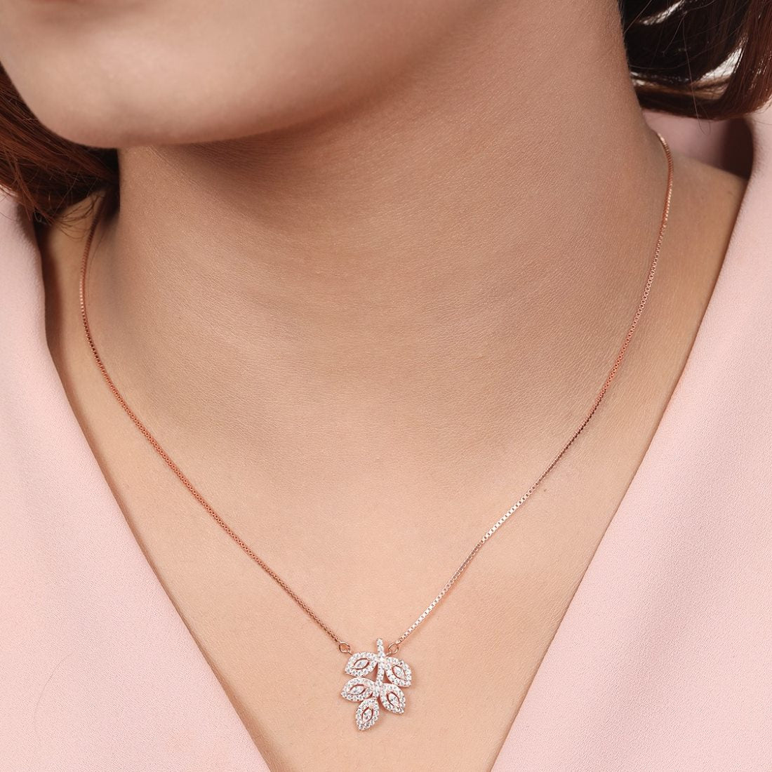 Ethereal Elegance 925 Sterling Silver Rose Gold-Plated Leaf Necklace