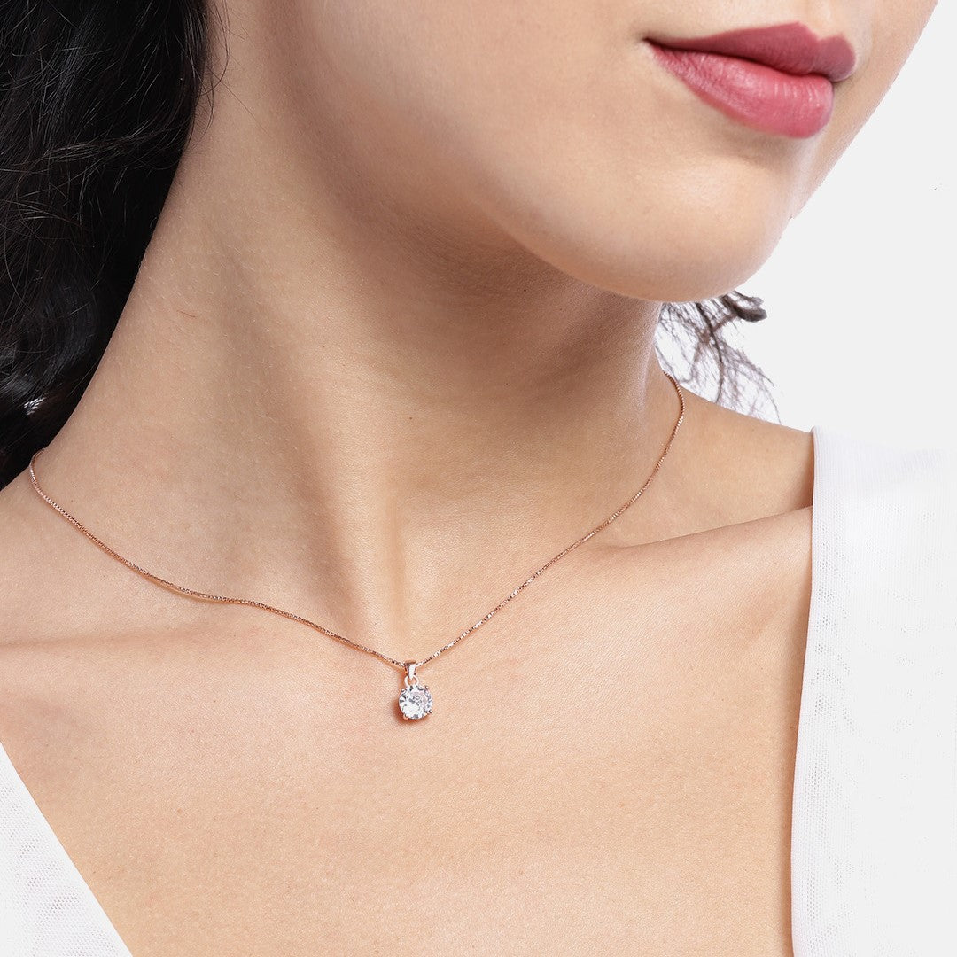 Solitaire 925 Silver Necklace In Rose Gold Pendant with Chain
