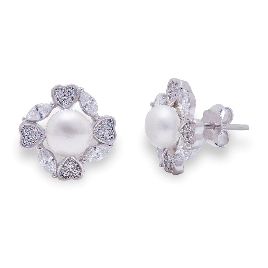 Pearl Heartbeat Rhodium Plated 925 Sterling Silver Stud Earring