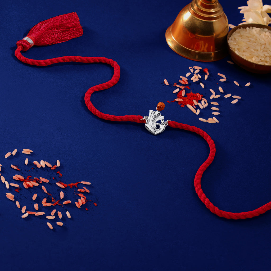 Sacred Ganesh Ji With Rudraksh Rhodium-Plated Sterling Silver Thread Rakhi