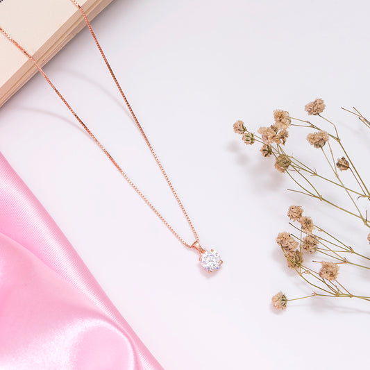 Radiant Bloom Solitaire 925 Silver Necklace in Rose Gold Hamper for Sister