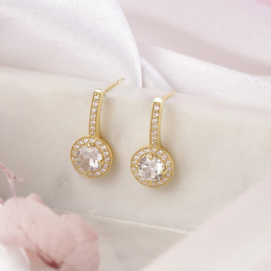 Sparkling Drops Solitaire Halo Gold Plated Earrings with Cubic Zirconia