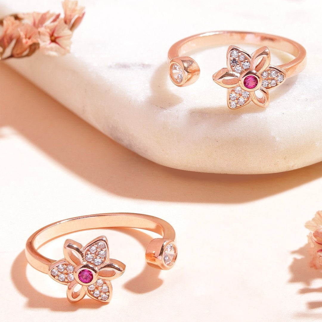 Blooming Petals Rose Gold-Plated 925 Sterling Silver Toe Ring with Cubic Zirconia