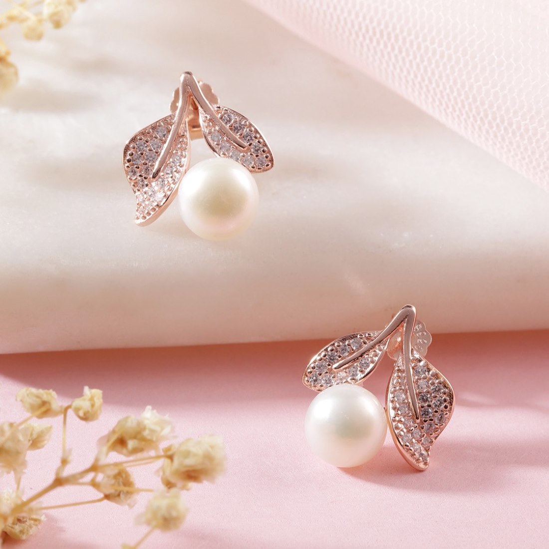 Pearl Elegance Rose Gold-Plated CZ & Freshwater Pearl 925 Sterling Silver Earrings