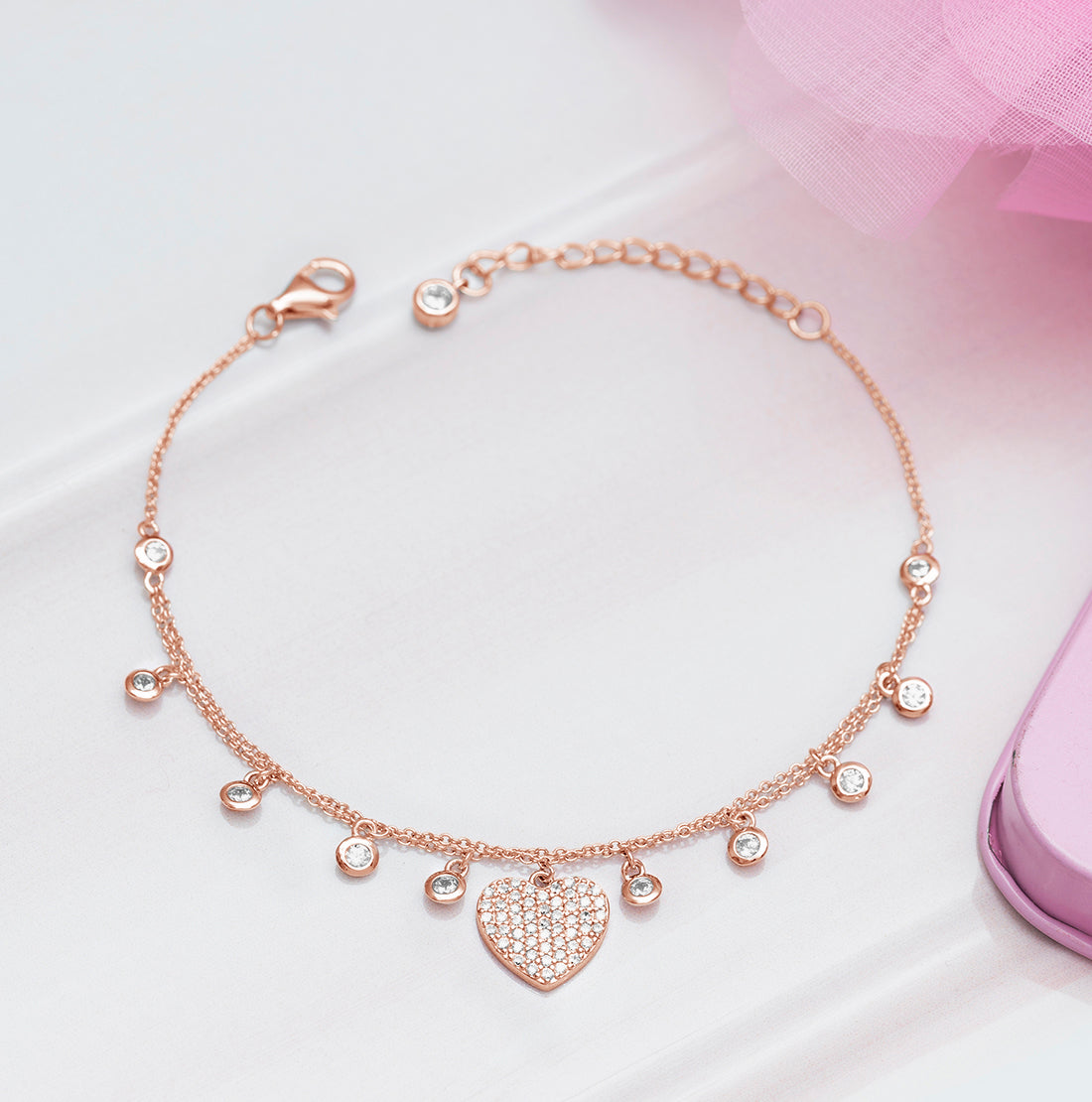 Truly Captivating Heart Charms 925 Silver Bracelet in Rose Gold