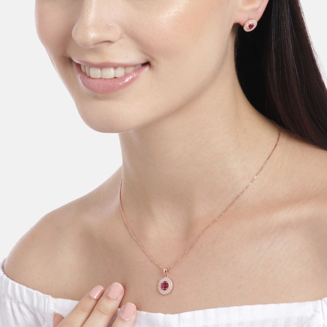 Radiant Crimson Circles Rose Gold-Plated Red CZ 925 Sterling Silver Jewelry Set