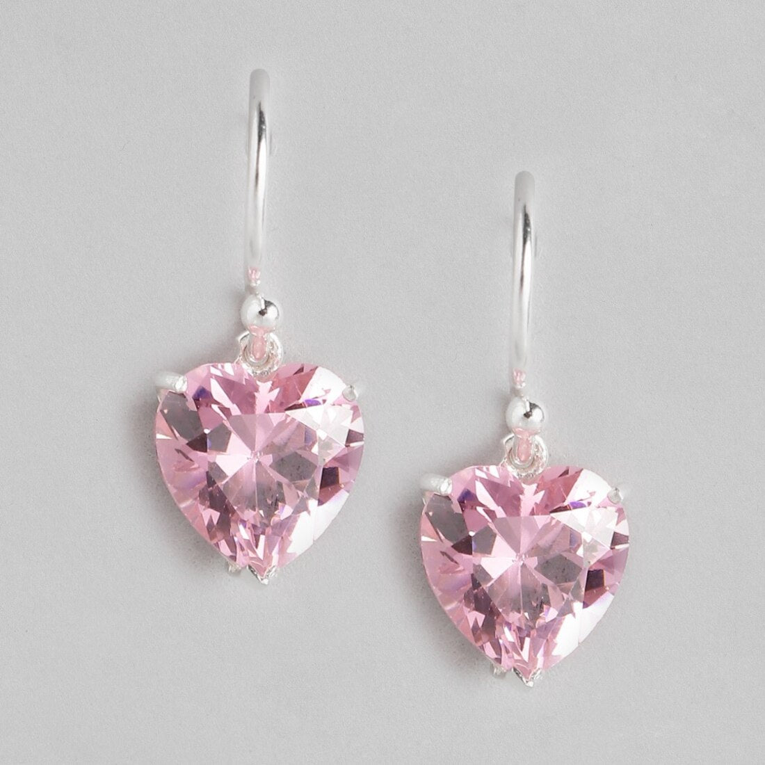 Pink Rhodium-Plated Heart Shaped 925 Sterling Silver Fish Hook Earrings