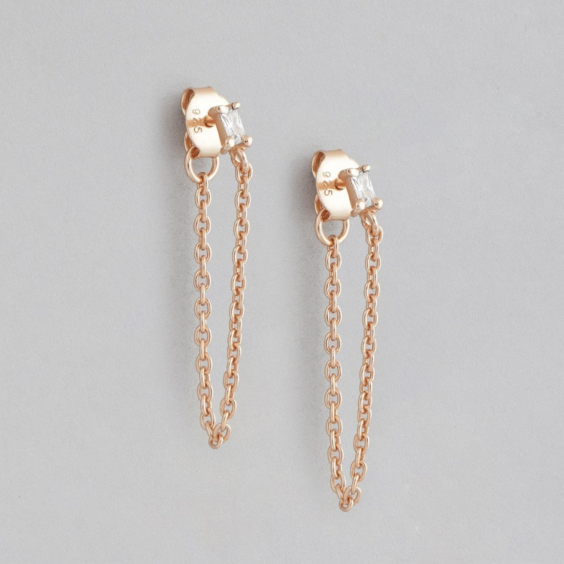Hanging Chain CZ Rose Gold Plated 925 Sterling Silver Earrings