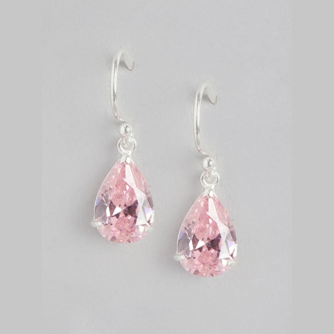 Tear Drop Pink CZ Rhodium Plated 925 Sterling Silver Earring