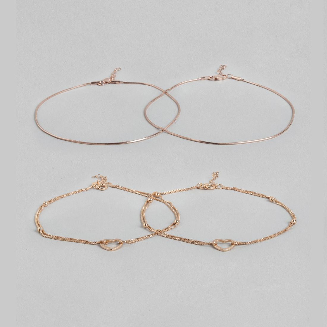 Linked Hearts Harmony Rose Gold-Plated 925 Sterling Silver Combo Anklet