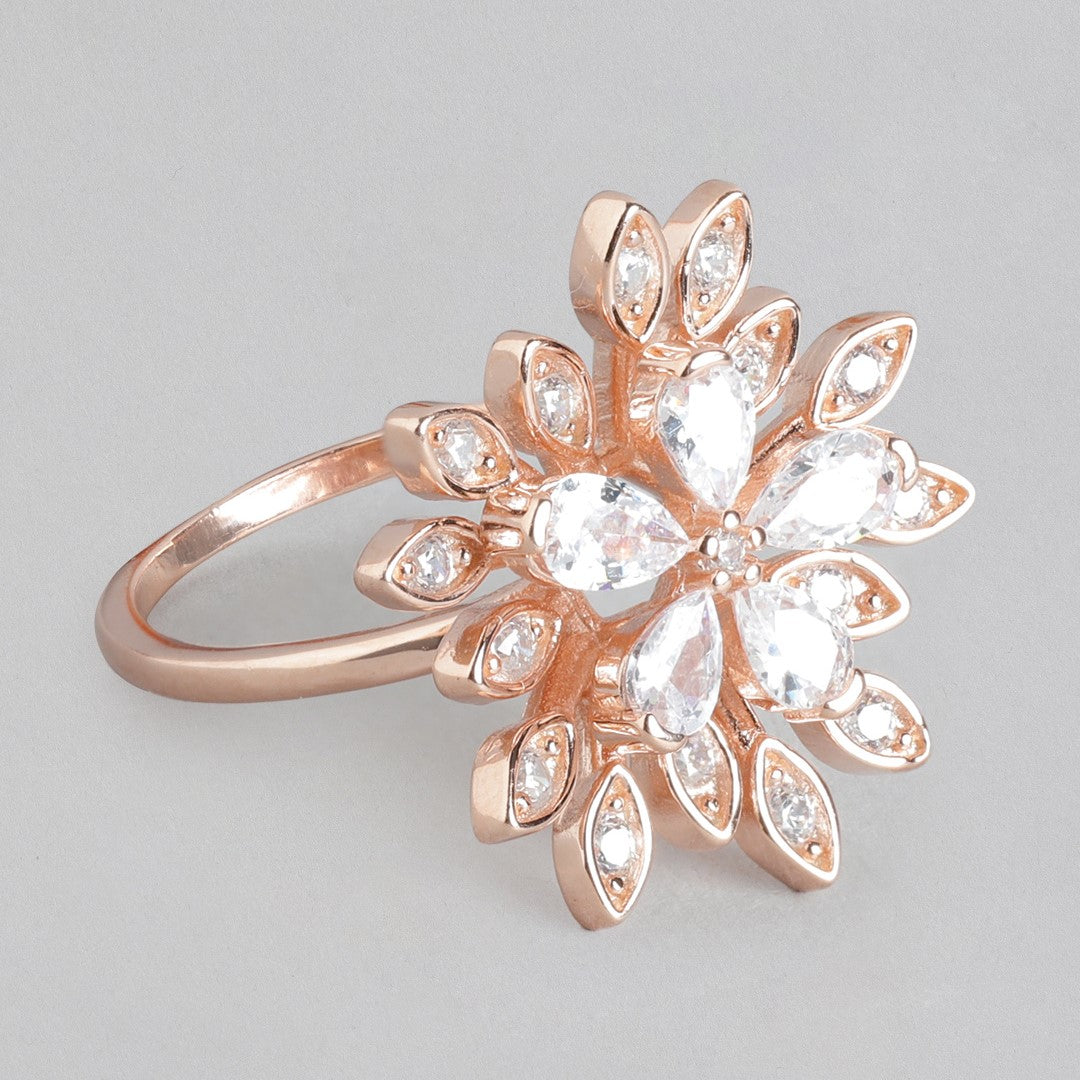 Floral Cubic Zirconia Rose Gold Plated 925 Sterling Silver Ring (Onesize)