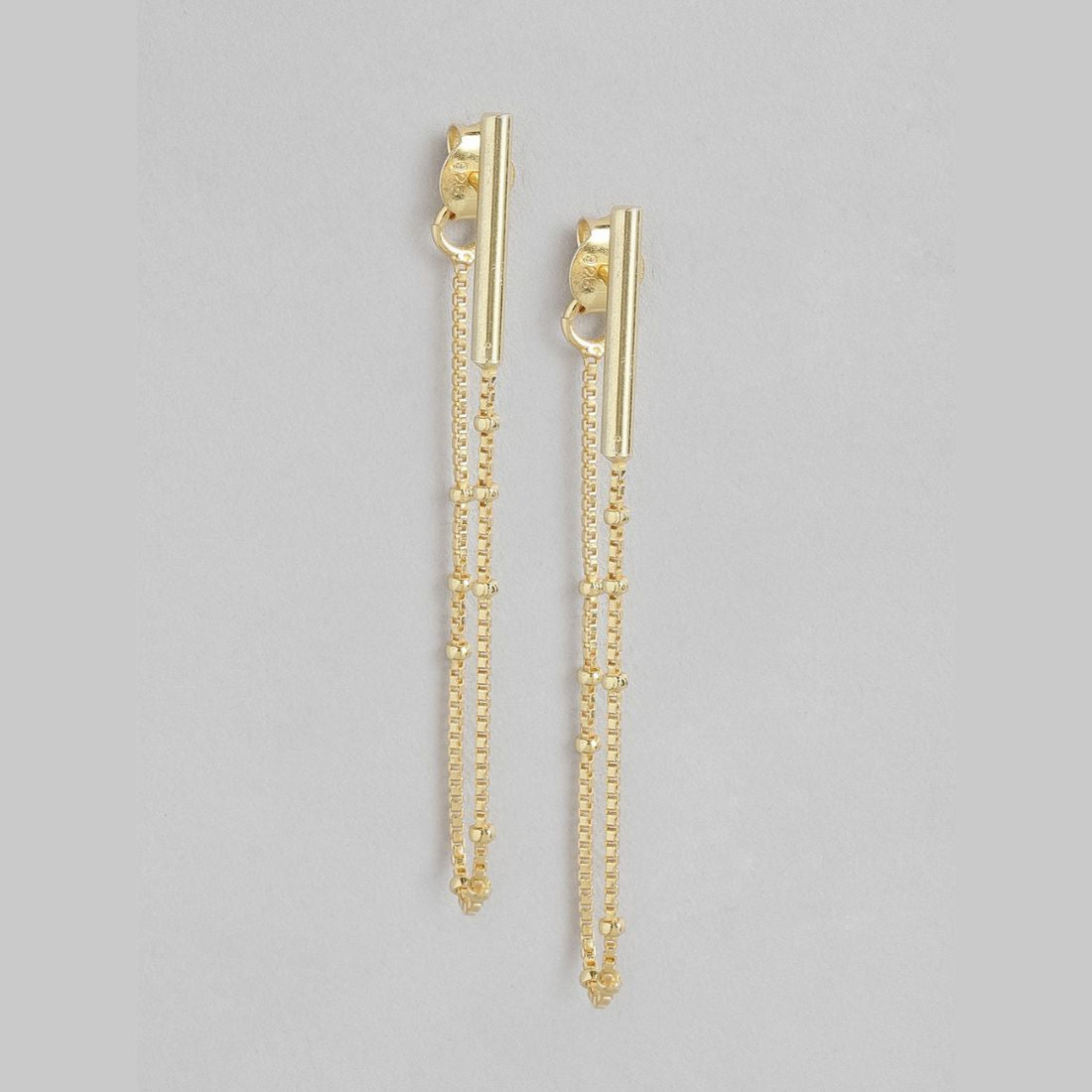 Golden Cascade 925 Sterling Silver Stud Earrings with Drop Chain Look