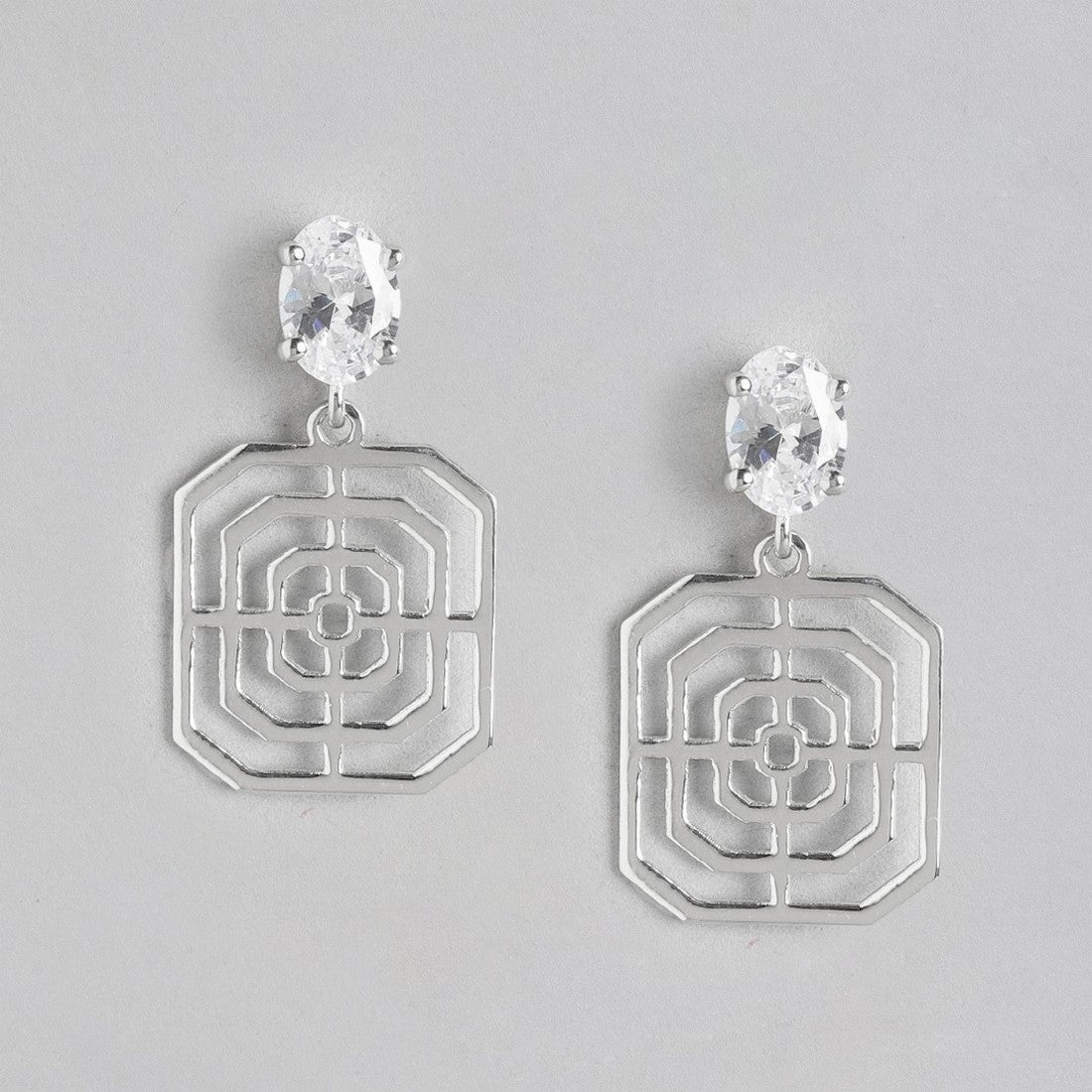 Solitaire Geometric Rhodium Plated 925 Sterling Silver Drop Earrings