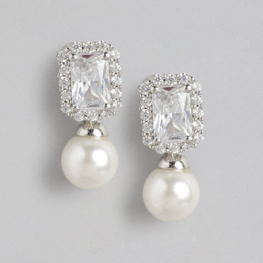 Pearlescent Radiance Rhodium-Plated CZ & Freshwater Pearl Drop Earrings