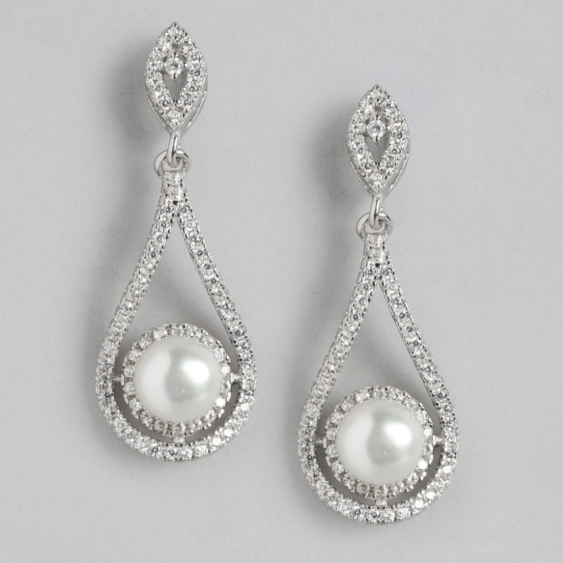 Pearl Drop CZ-Studded Rhodium Plated 925 Sterling Sterling Silver Drop Earring