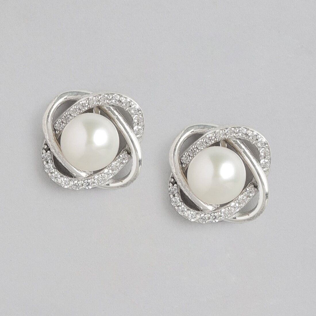 Timeless Elegance 925 Sterling Silver Stud Earrings with Cubic Zirconia & Pearl
