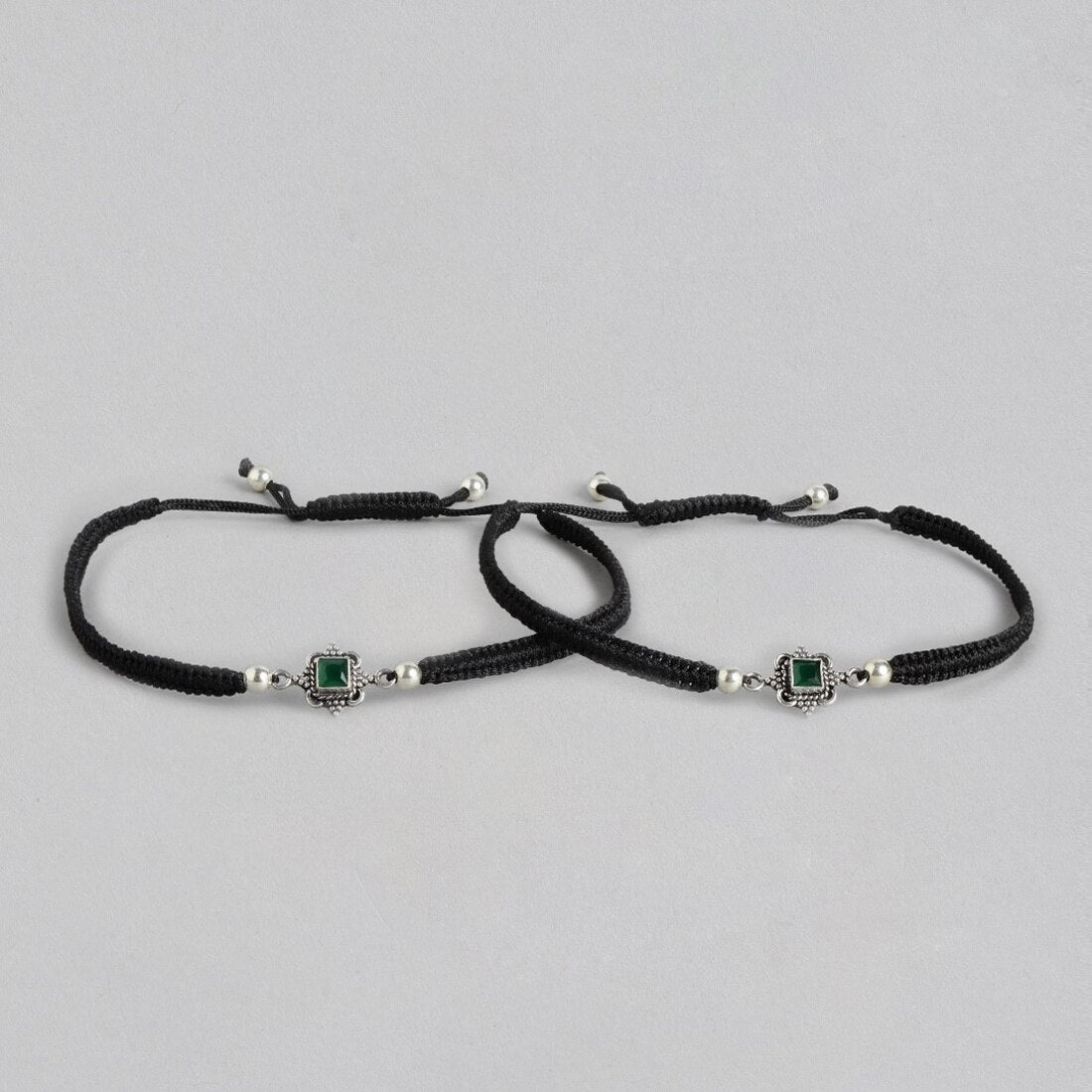 Floral Green Stone Rhodium Plated 925 Sterling Silver Thread Anklet