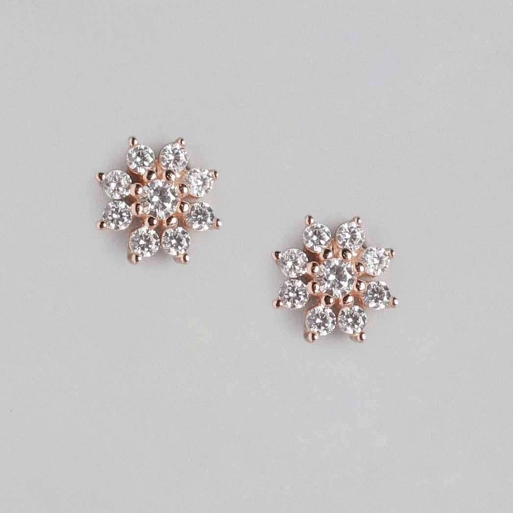 CZ Studded Floral Rose Gold 925 Sterling Silver Stud Earrings Gift Hamper
