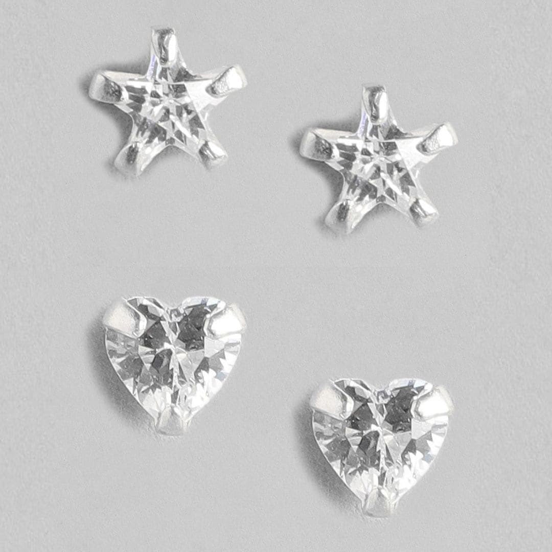 Starry Heartbeat Rhodium-Plated CZ 925 Sterling Silver Combo Earrings