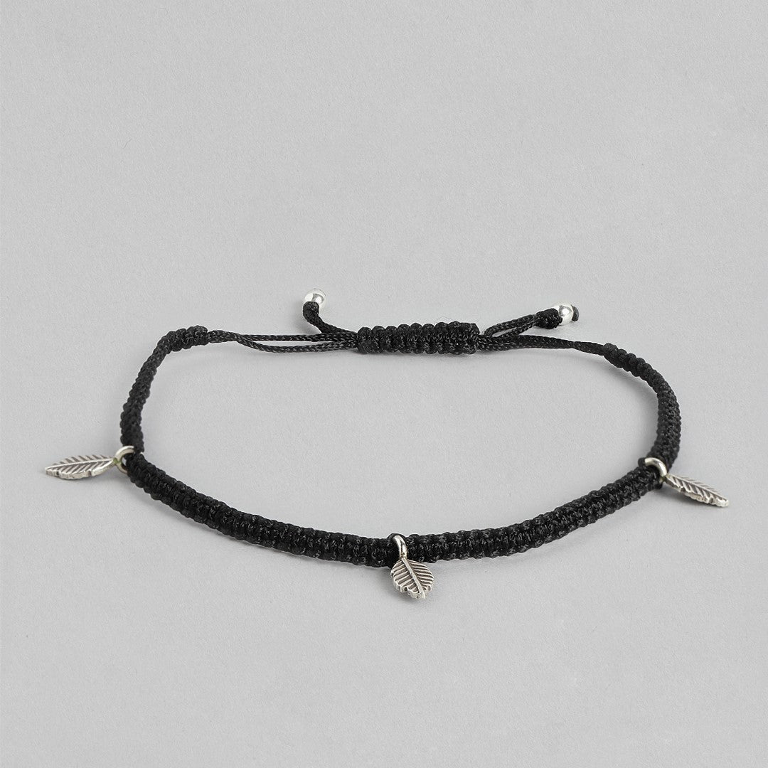 Black Thread With Leaf Charms 925 Silver Anklet
