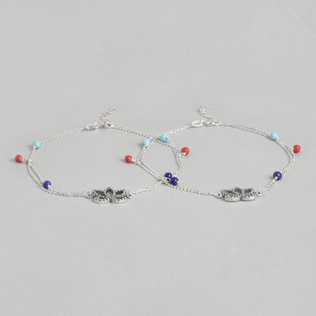 Lotus Blossom 925 Sterling Silver Anklet with Colorful Beads