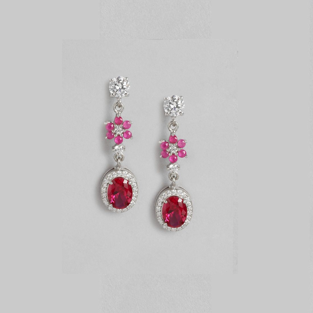 Crimson Blossom 925 Sterling Silver CZ Floral Drop Earrings