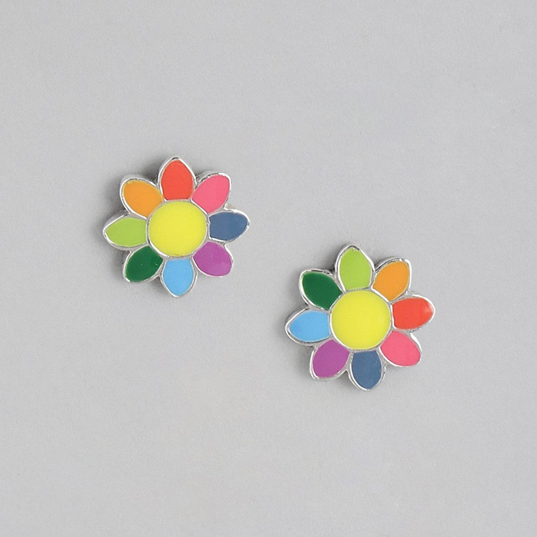 Rainbow Floral Rhodium Plated 925 Sterling Silver Studs