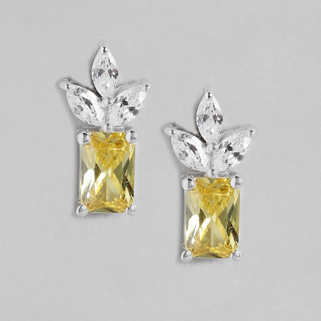 Elegant Petals Rhodium Plated Golden CZ 925 Sterling Silver Stud Earrings