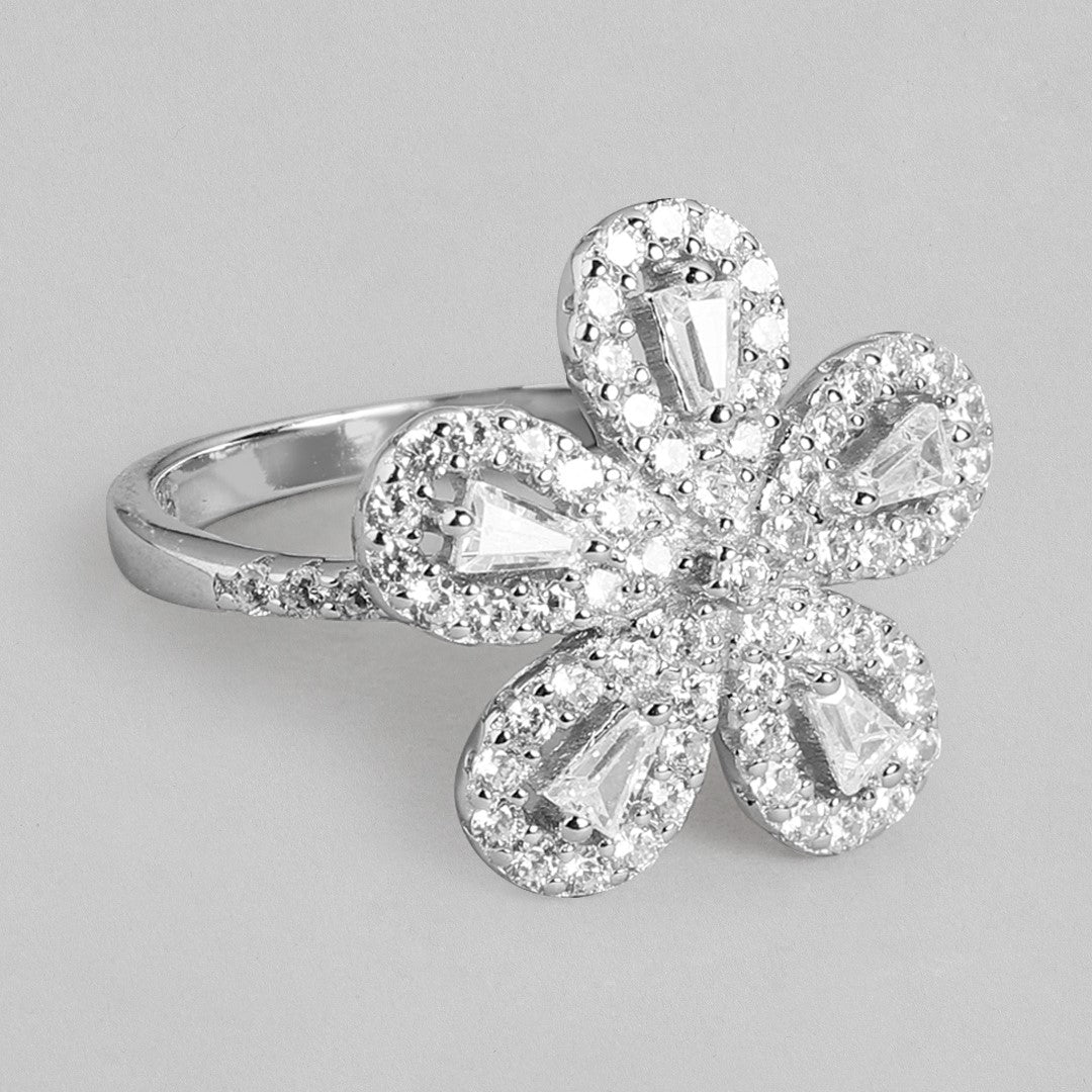 Floral Radiance: Rhodium Plated 925 Sterling Silver Ring for Her (Onesize)