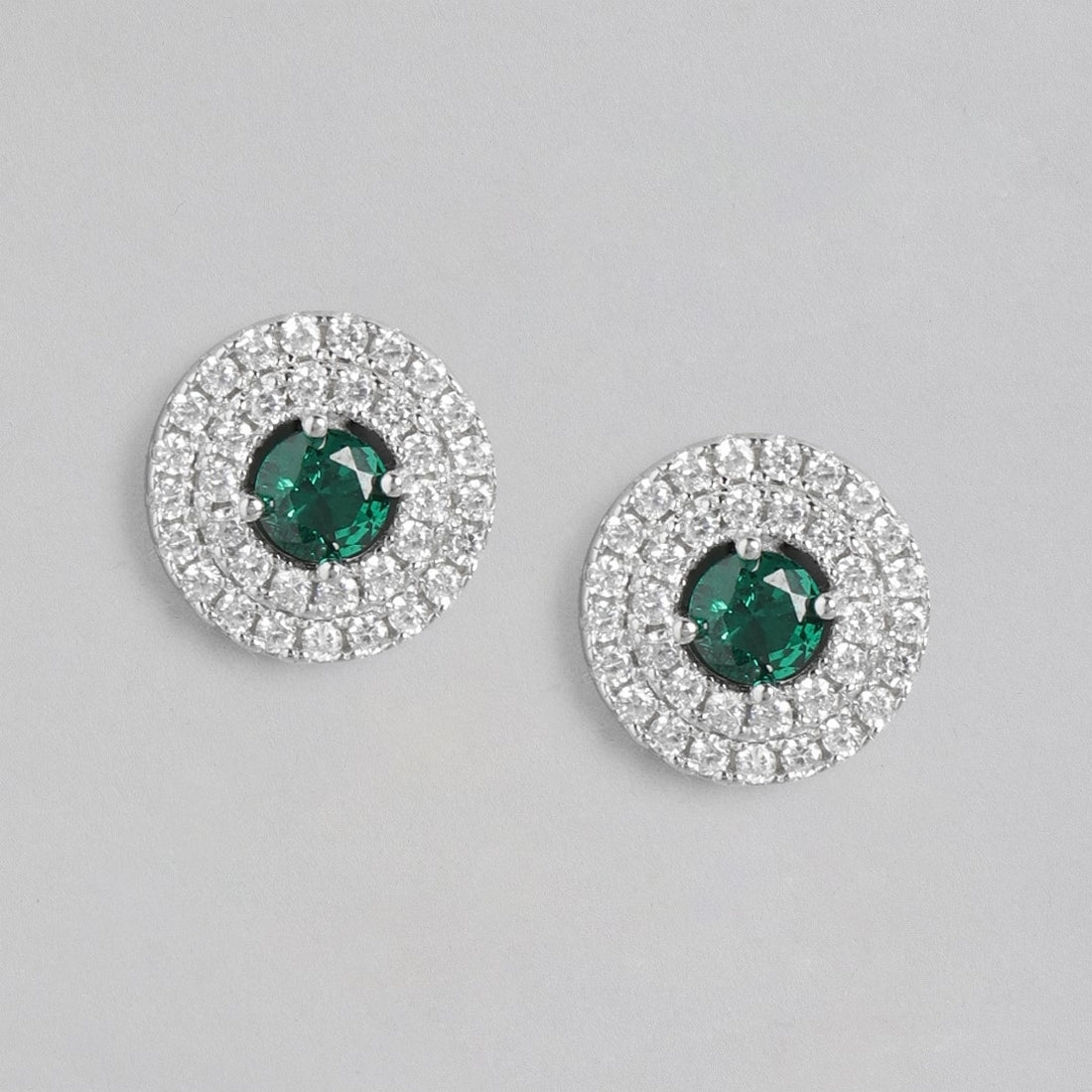 Emerald Solitaire Sparkle Rhodium-Plated CZ 925 Sterling Silver Earrings