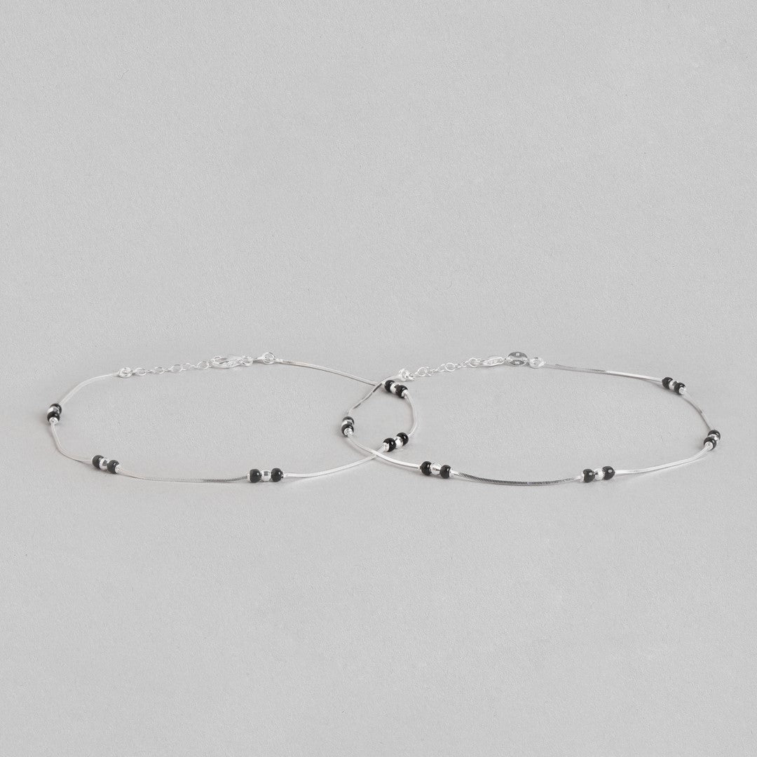 Shimmering Harmony: Rhodium-Plated Sterling Silver Anklet with Beaded Accents