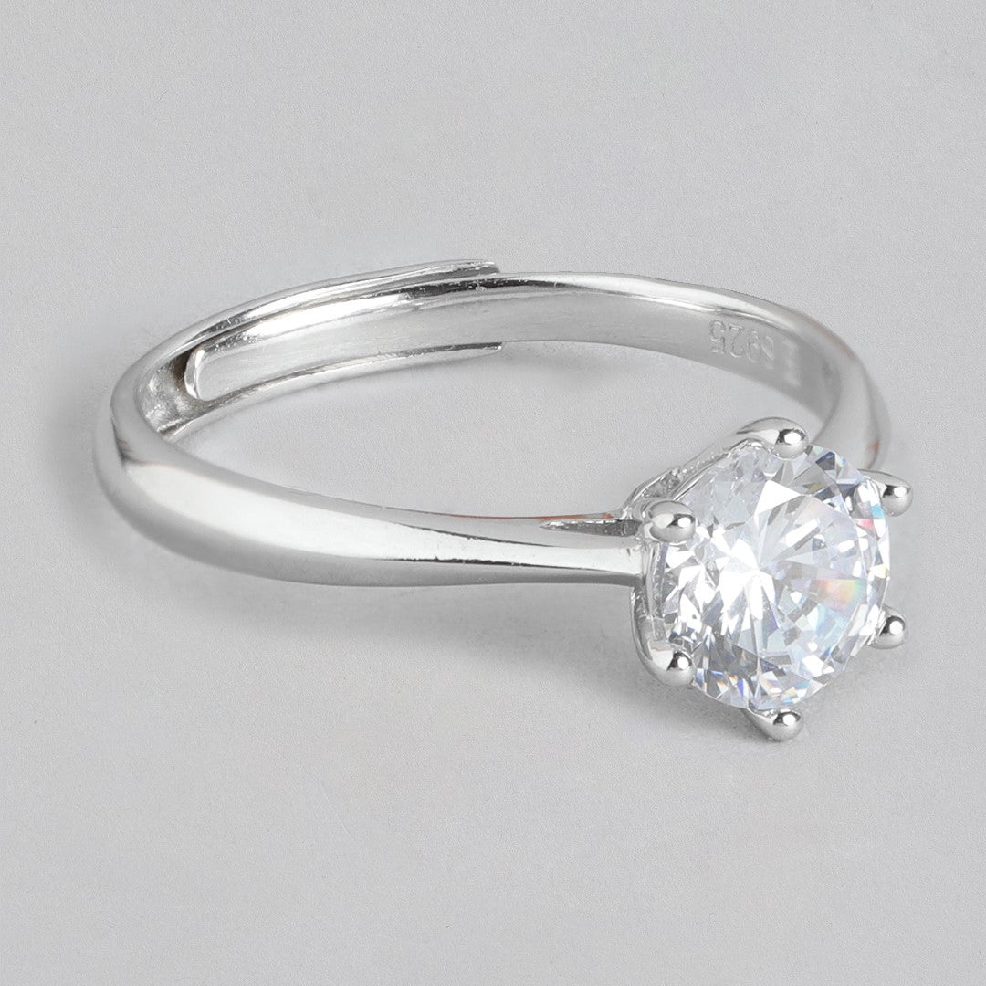 CZ Solitaire Rhodium 925 Sterling Silver Plated Ring (Adjustable)