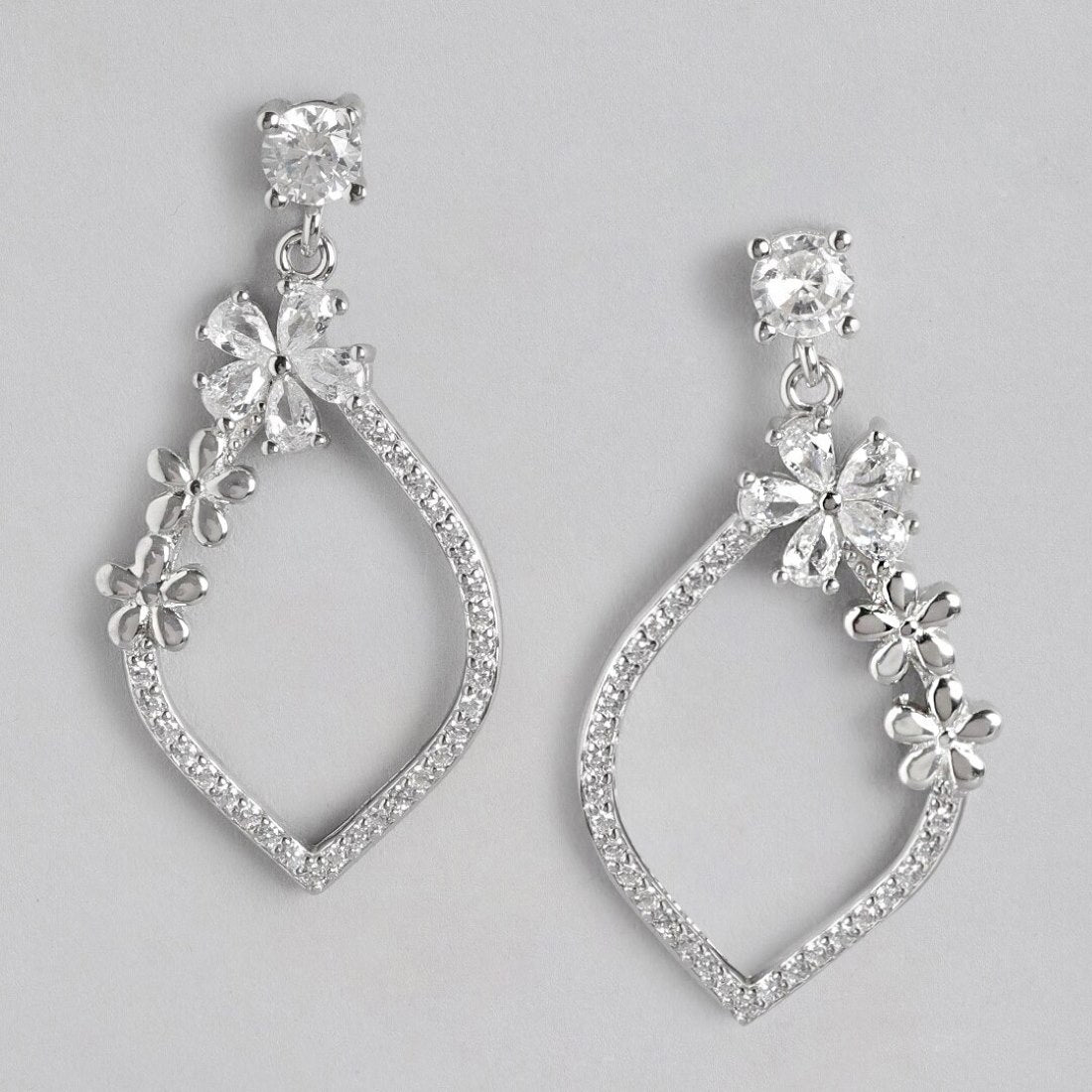 Floral Radiance Rhodium-Plated 925 Sterling Silver Drop Earrings