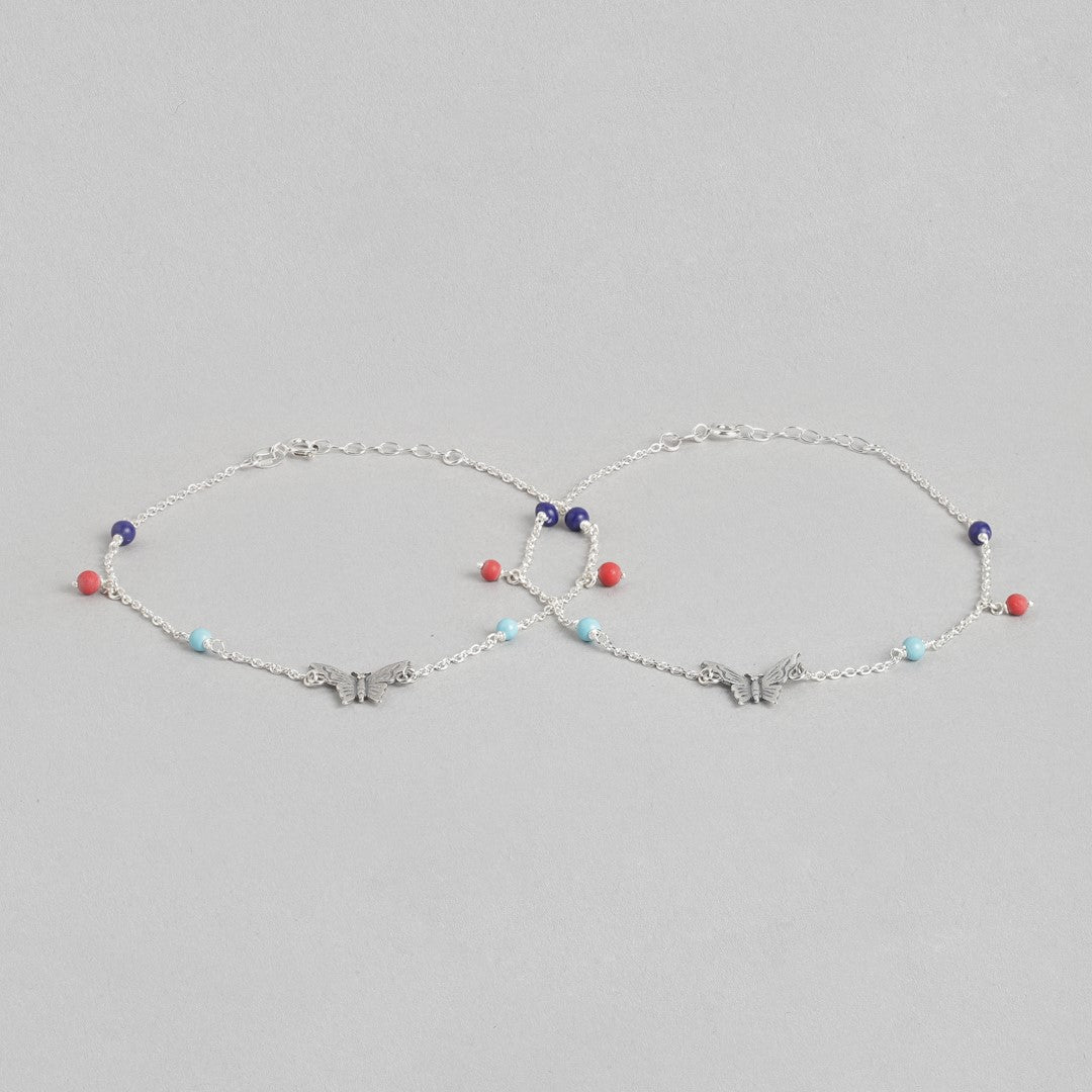 Rainbow Butterfly Rhodium Plated 925 Sterling Silver Anklet with Colorful Beads
