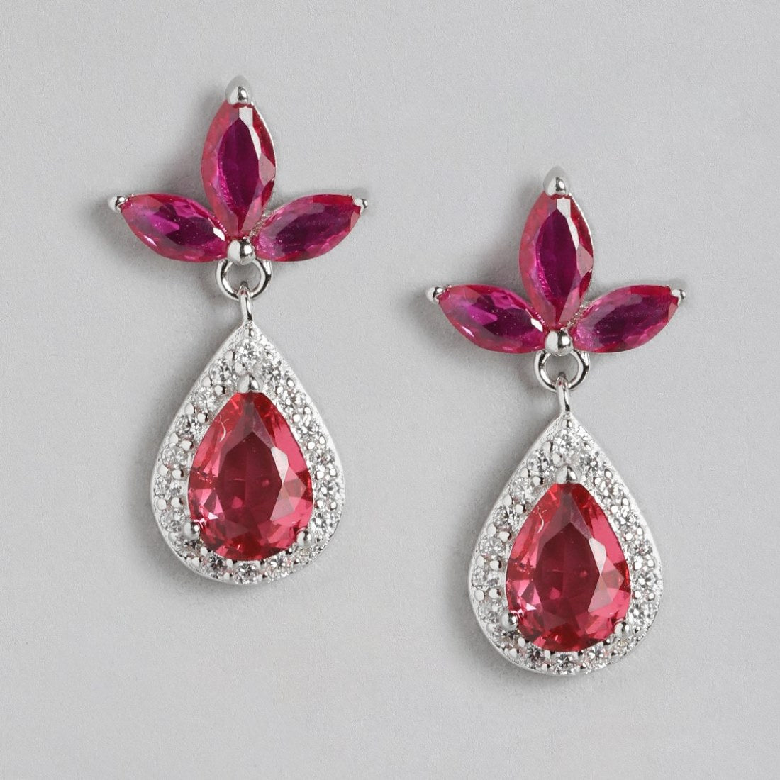 Radiant Crimson Drops Rhodium-Plated 925 Sterling Silver Red Cubic Zirconia Earrings