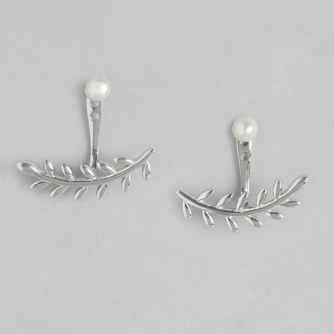 Leafy Pearl Two-Way Rhodium Plated 925 Sterling Silver Studs