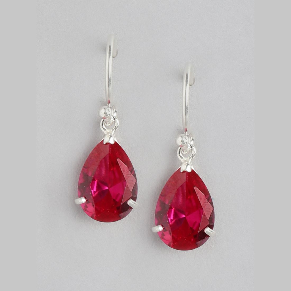Red-CZ Drop Rhodium Plated 925 Sterling Silver Earring
