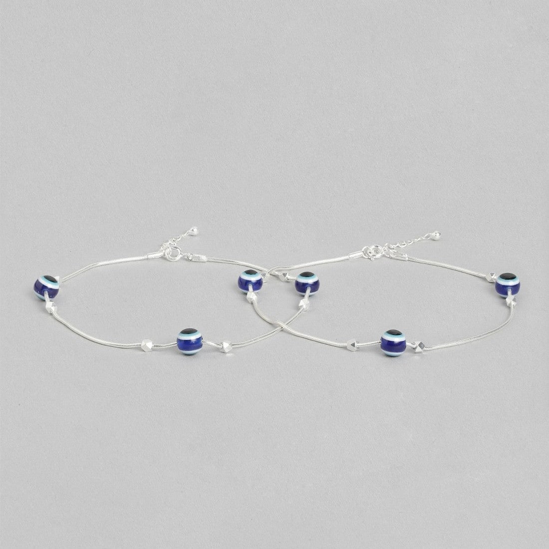 Evil Eye Beaded Rhodium Plated 925 Sterling Silver Chain Anklet