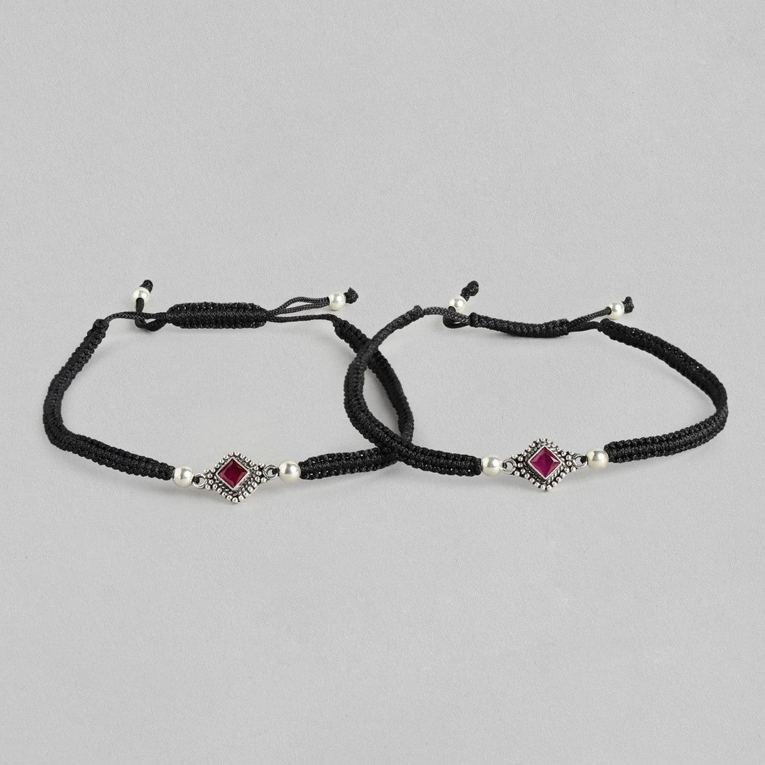 Floral Rhodium Plated Red CZ 925 Sterling Silver Thread Anklet
