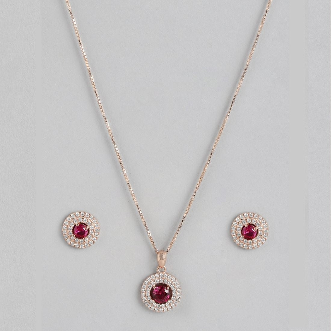 Radiant Crimson Circles Rose Gold-Plated Red CZ 925 Sterling Silver Jewelry Set