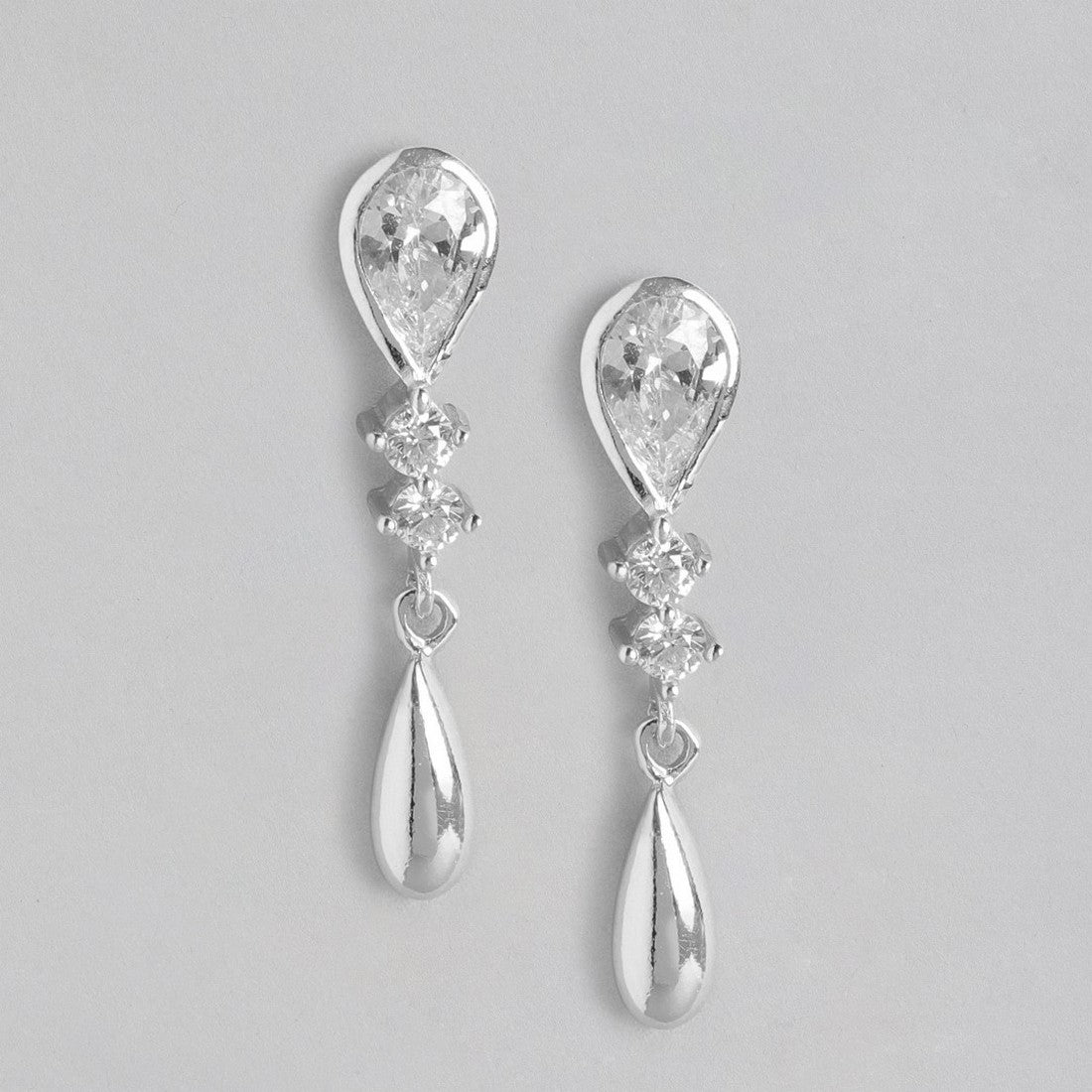 Classy Drop CZ Studded Rhodium Plated 925 Sterling Silver Studs