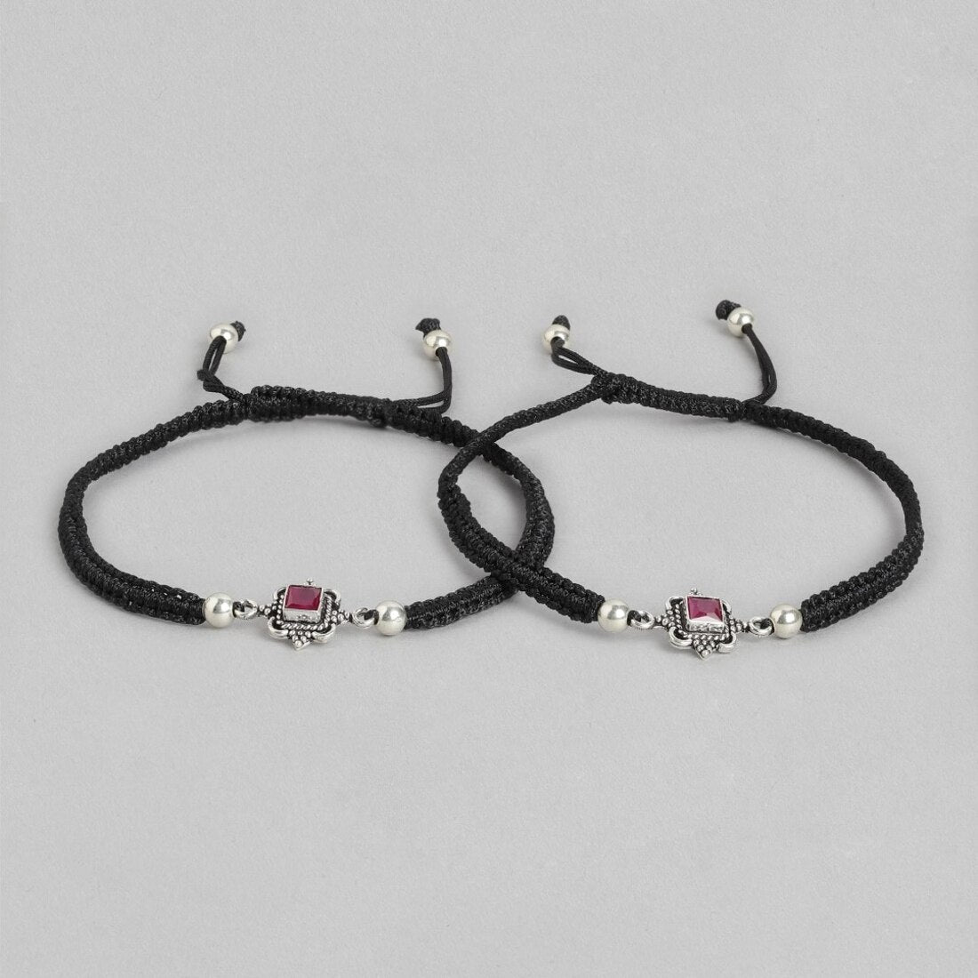 Classic Red Stone Rhodium Plated Sterling Silver Drawstring Anklet