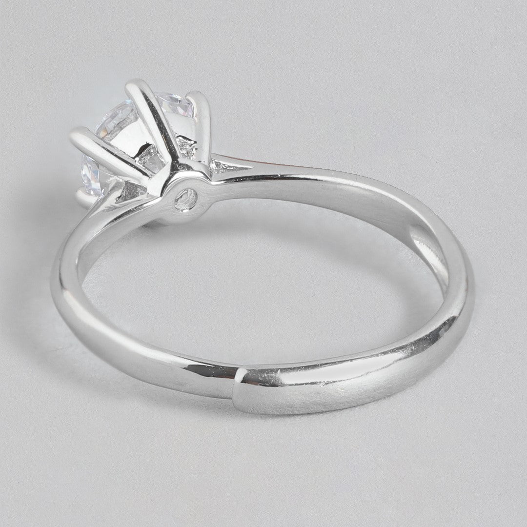 CZ Solitaire Rhodium 925 Sterling Silver Plated Ring (Adjustable)