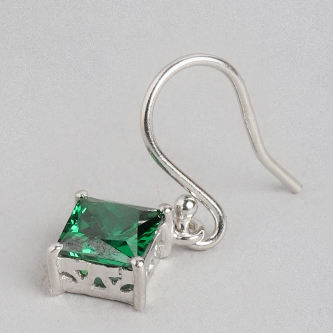 Enchanting Emerald: Rhodium-Plated 925 Sterling Silver Earrings with Green Sparkle
