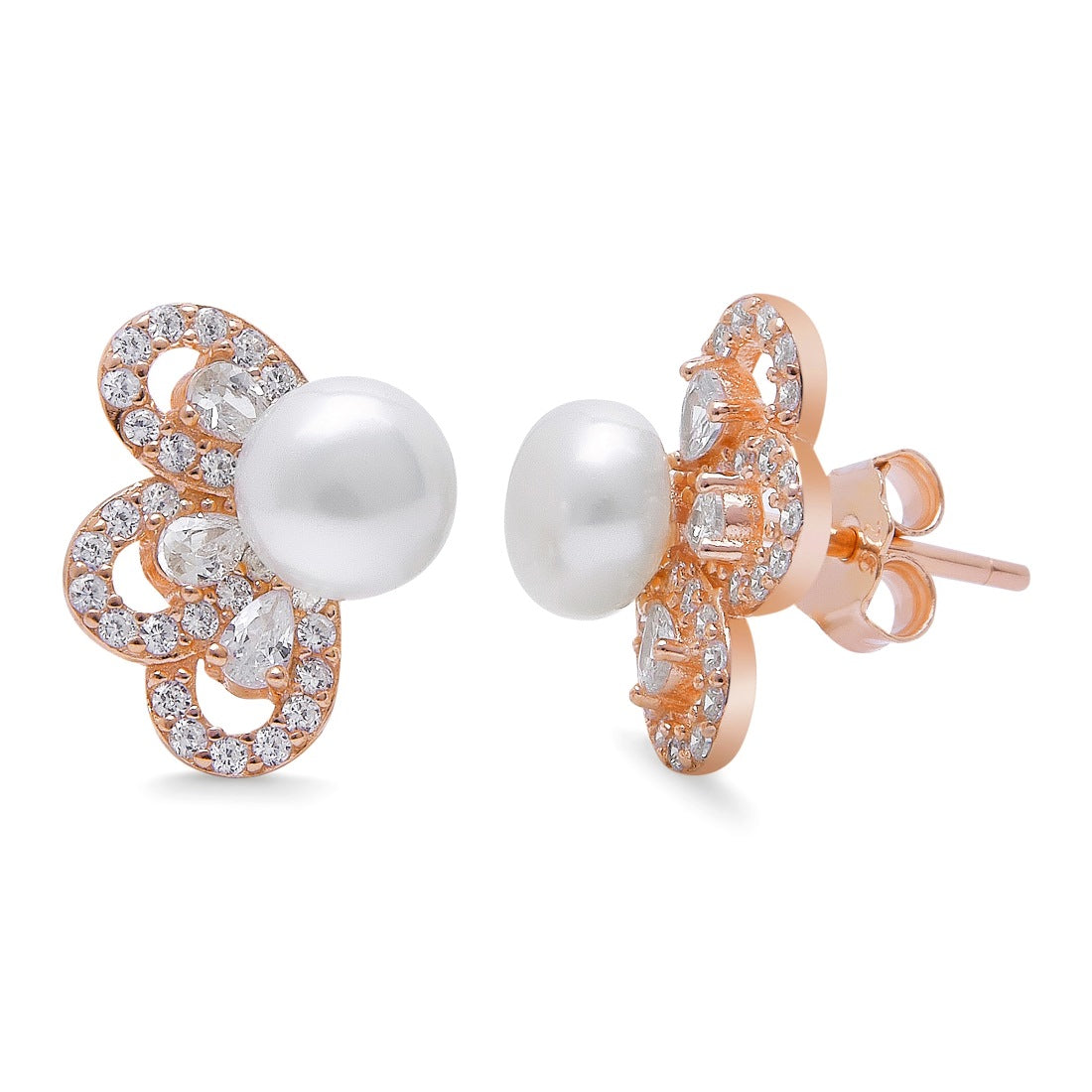 Floral Pearl-CZ Harmony 925 Sterling Silver Rose Gold-Plated Jewelry Set