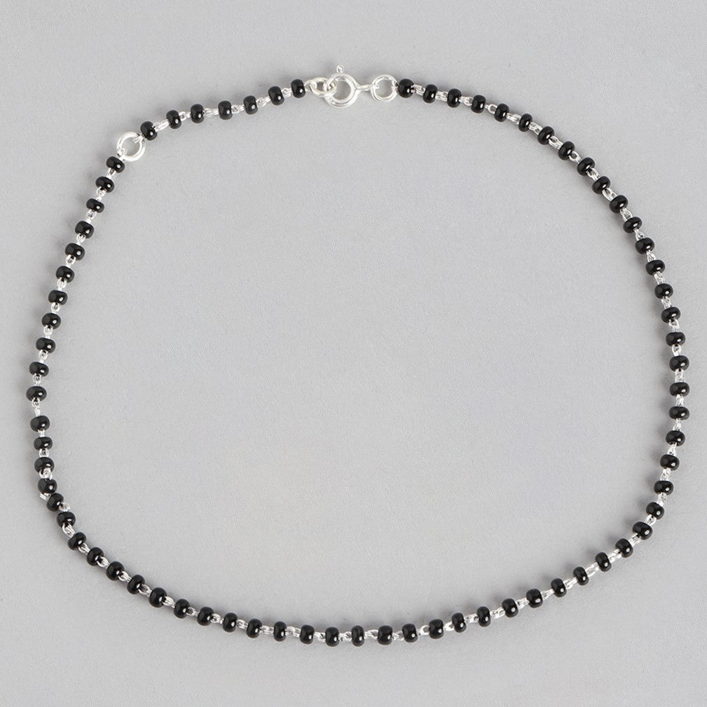 Silver Serenity Rhodium-Plated 925 Sterling Silver Anklet with Beaded Chain