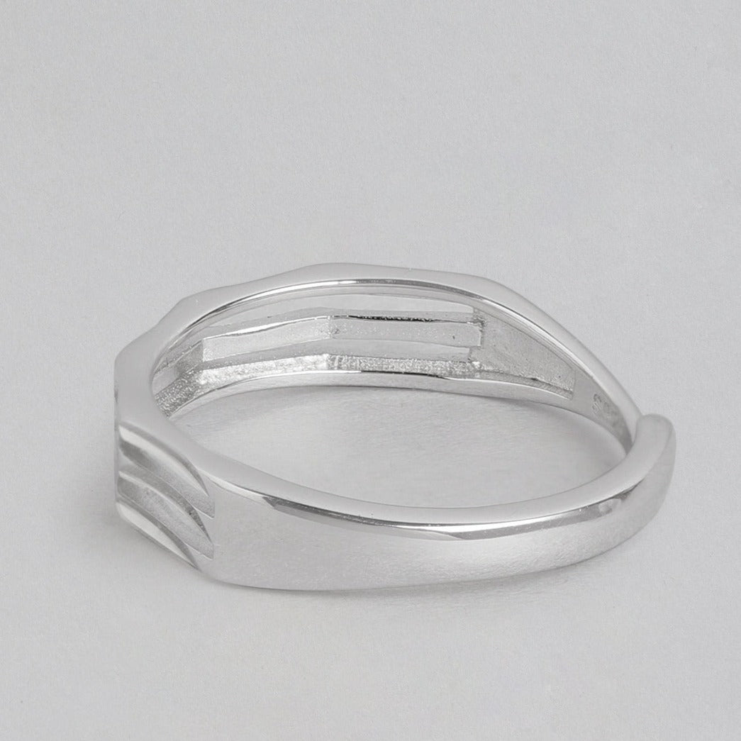Rhodium Plated 3 Lines 925 Sterling Silver Mens Ring Gift Hamper (Adjustable)
